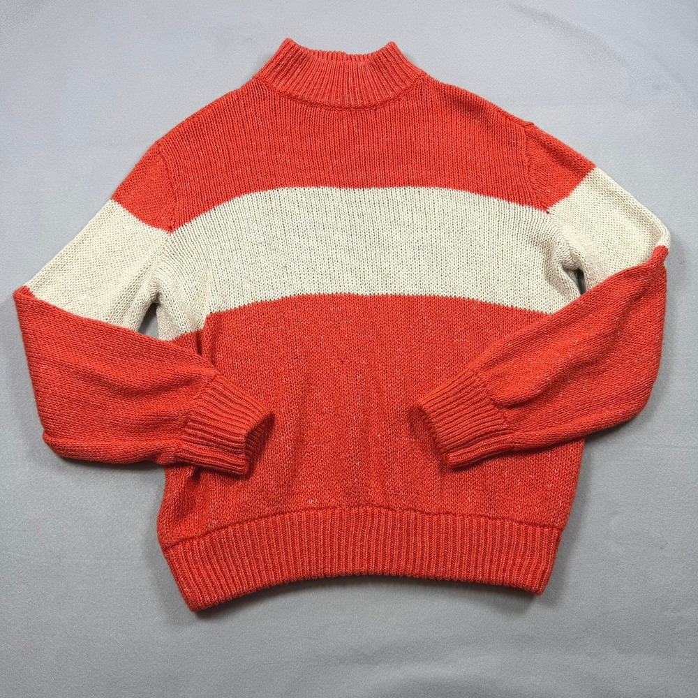 Aerie Orange Red Cream Striped Mock Neck Chunky Knit Sweater Size Medium